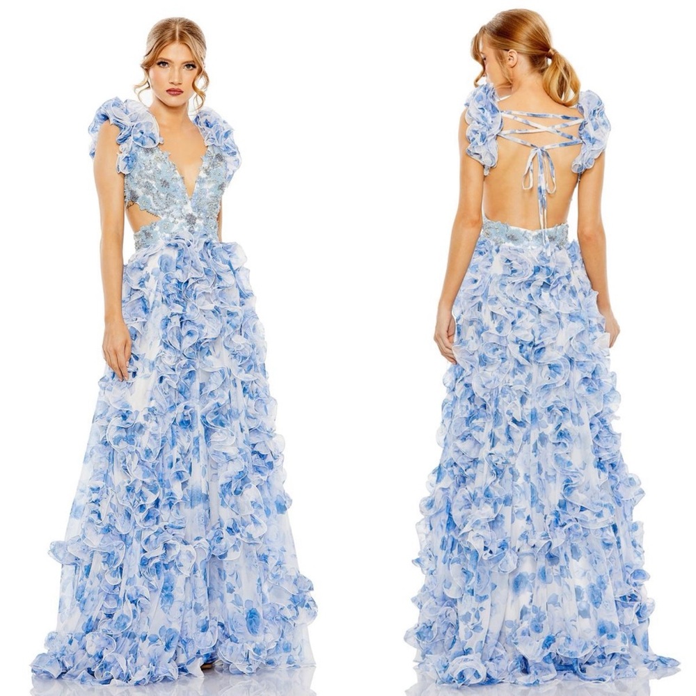 NWT 2220 Mac Duggal Floral Lace Up Tie Back Ruffle Shoulder Embellished Gown